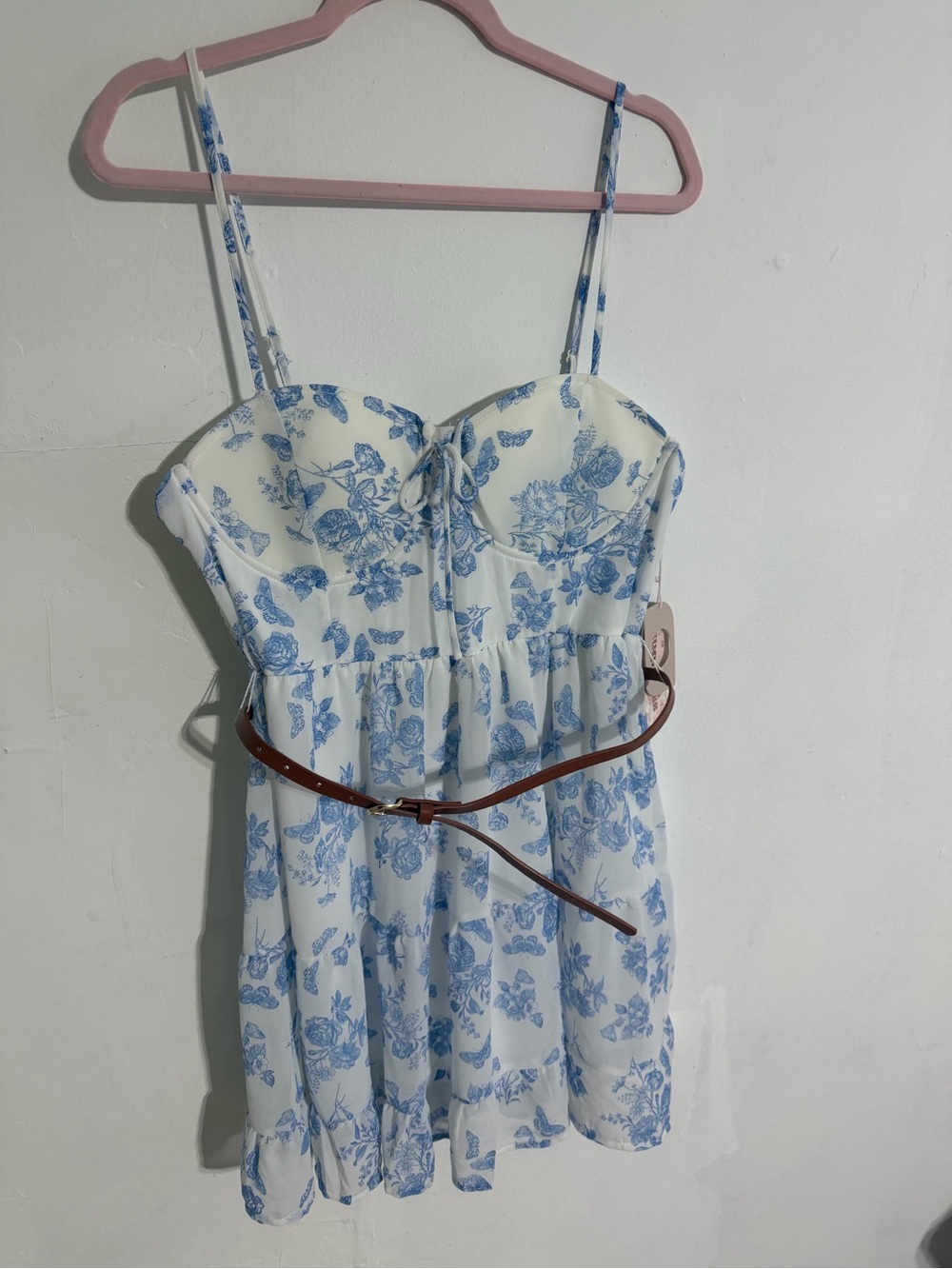 White & Blue Floral Mini Dress with Spaghetti Straps